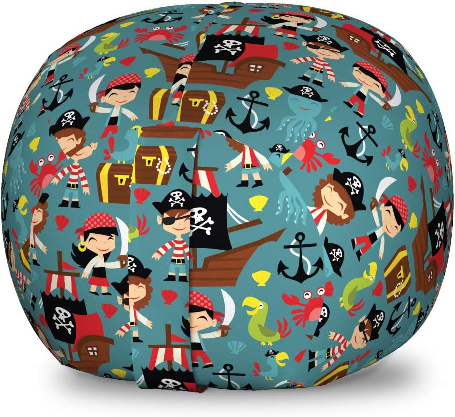 Ambesonne Pirates Storage Toy Bag Chair, Pattern of Pirate Ships in The Sea Adventure Nautical Theme Cartoon Characters, Stuffed Animal Organizer Washable Bag, Large Size, Multicolor