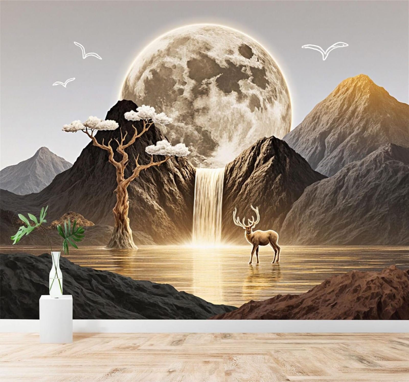 XLMING Golden Moon Waterfall Elk Mountain Scenery 3D Wallpaper Silky Texture Home Study Office Grey Dining Room Sofa Bedroom Living Room TV Backdrop-350cm×256cm
