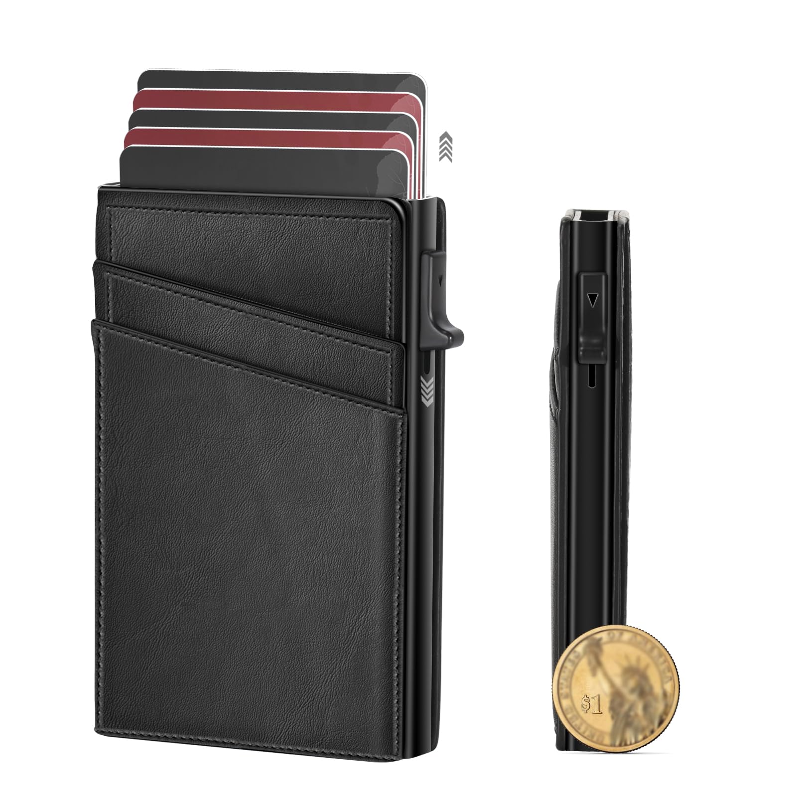 MIAOKE 9-14 Card Capacity Men's Slim Wallet, Leather RFID Blocking Card Holder with ID Window, Stylish, Compact, Minimalist, Ultra-Thin, Front Pocket