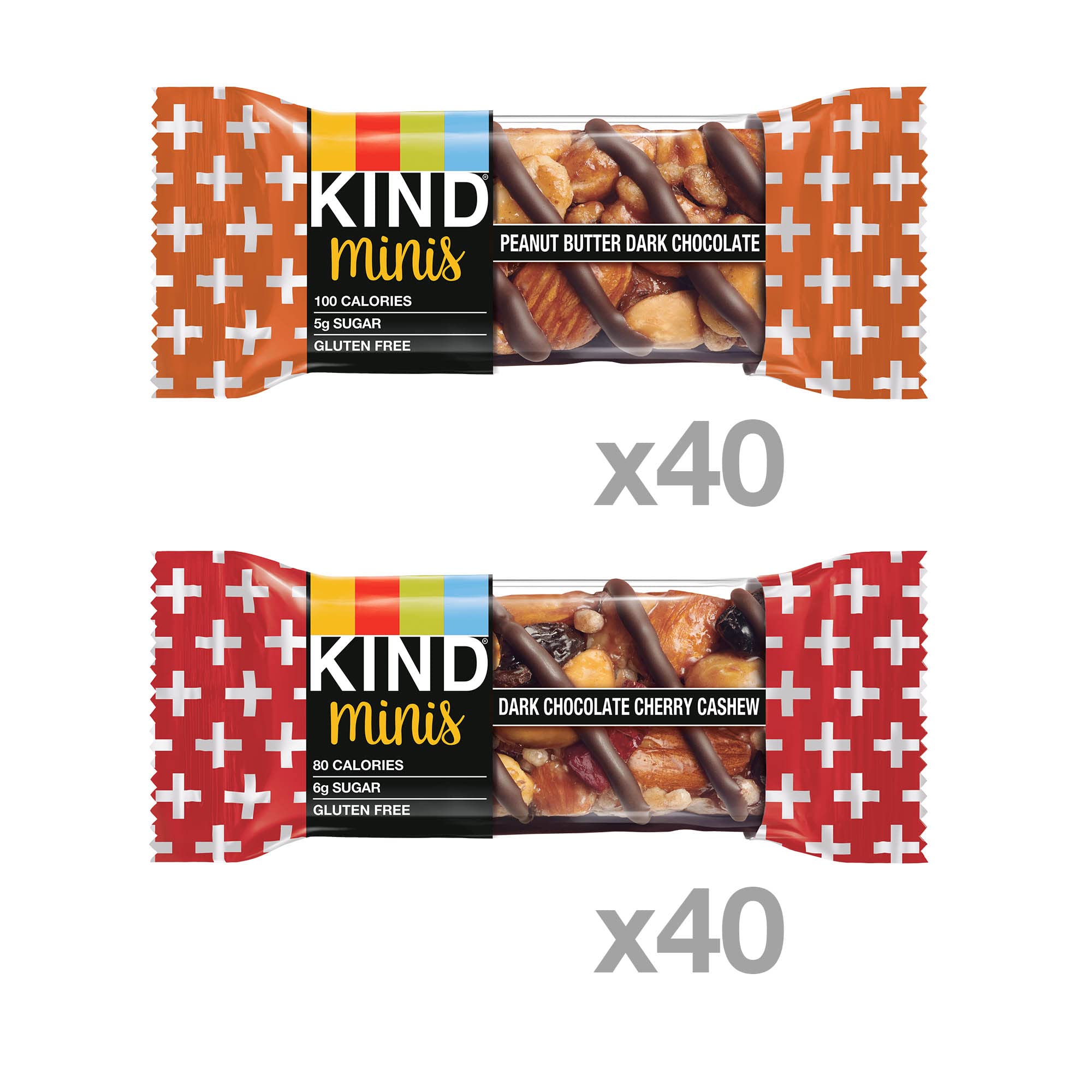 KIND Bar Minis, Cioccolato fondente al burro di arachidi e cioccolato fondente Cherry Anacardi, confezione varia, senza glutine, 100 calorie, basso contenuto di zucchero, confezione da 80