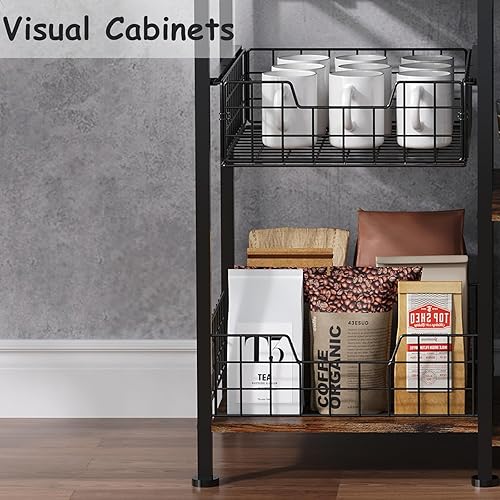Miniatura 6 de Armario de café de granja  Aparador de 31 pulgadas con 8 ganchos y cesta de almacenamiento deslizante extraíble, ideal para cocina, comedor y sala