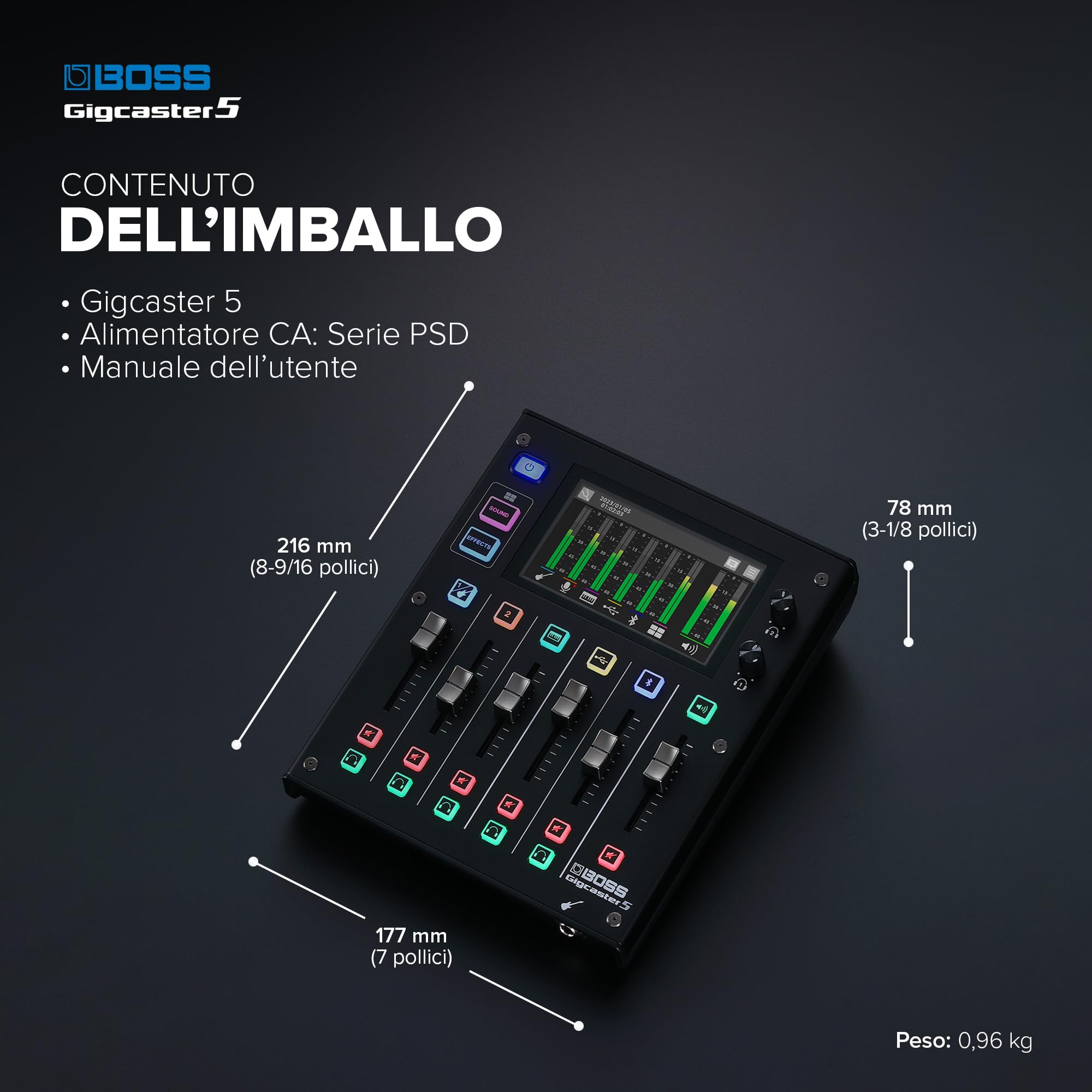 BOSS Gigcaster 5 Audio Streaming Mixer Compatto a 5 Canali con Ingresso Diretto per Chitarra/Basso | 2 Ingressi Microfonici XLR | Ingresso Stereo di Linea | 8 Pad per gli Effetti Sonori su Touchscreen