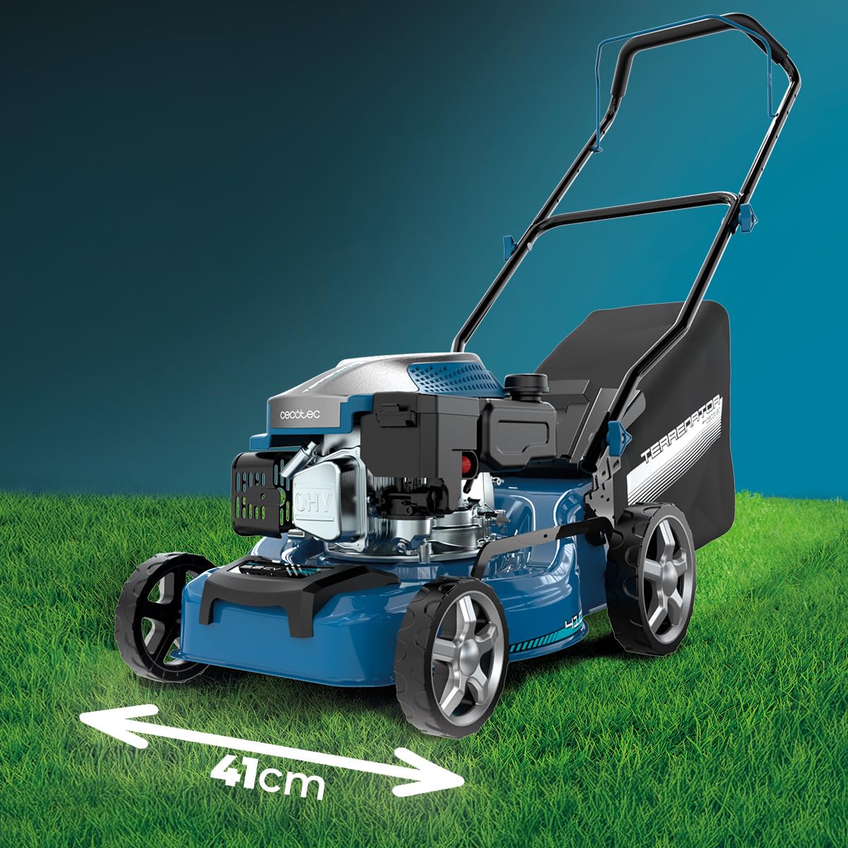 Cecotec Kosiarka benzynowa 144cc Terrenator 2700.41 Plus Total Z | Szerokość cięcia 41 cm, stalowy korpus, zmiana wysokości systemu Z-Tech, 3w1 z mulczowaniem, tylne koła XL