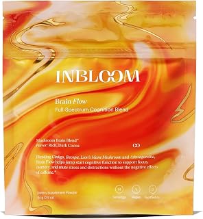 INBLOOM Kate Hudson Brain Flow – Vegan, All-Natural Daily Drink Mix for Enhanced Cognitive Function with Ashwaganda and Lions Mane Supplement - Rich Chocolate Flavor - 14 servings, 2.9 oz (Pack of 1)