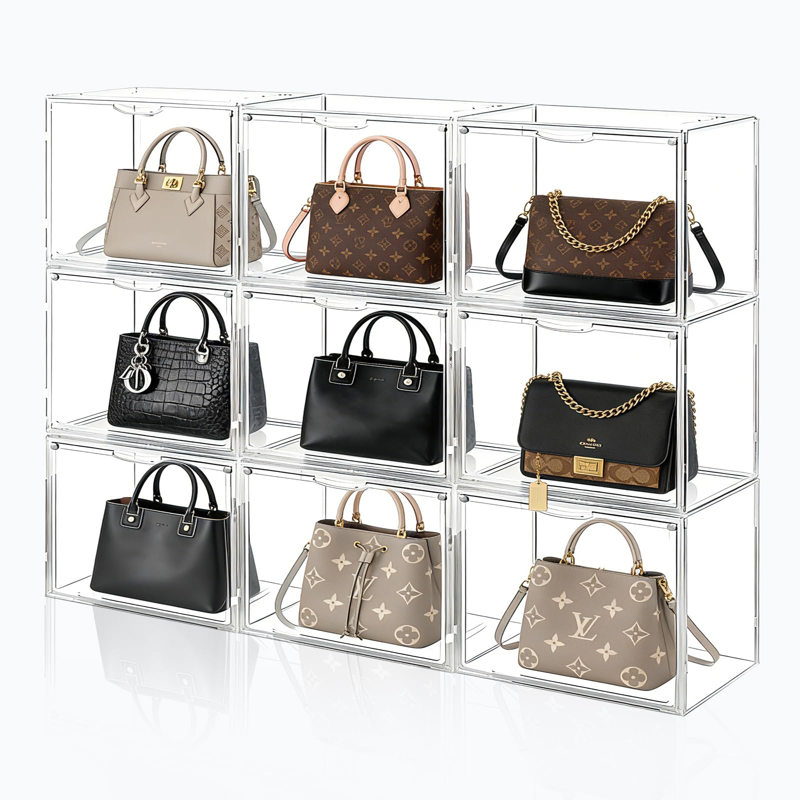 6Pack Purse Organizer for Closet Clear Acrylic Display Case Handbag Storage Organizer Box with Magnetic Door Stackable Storage Bins with Dustproof Lid for Book Toys Shoes Cosmetic Collectibles