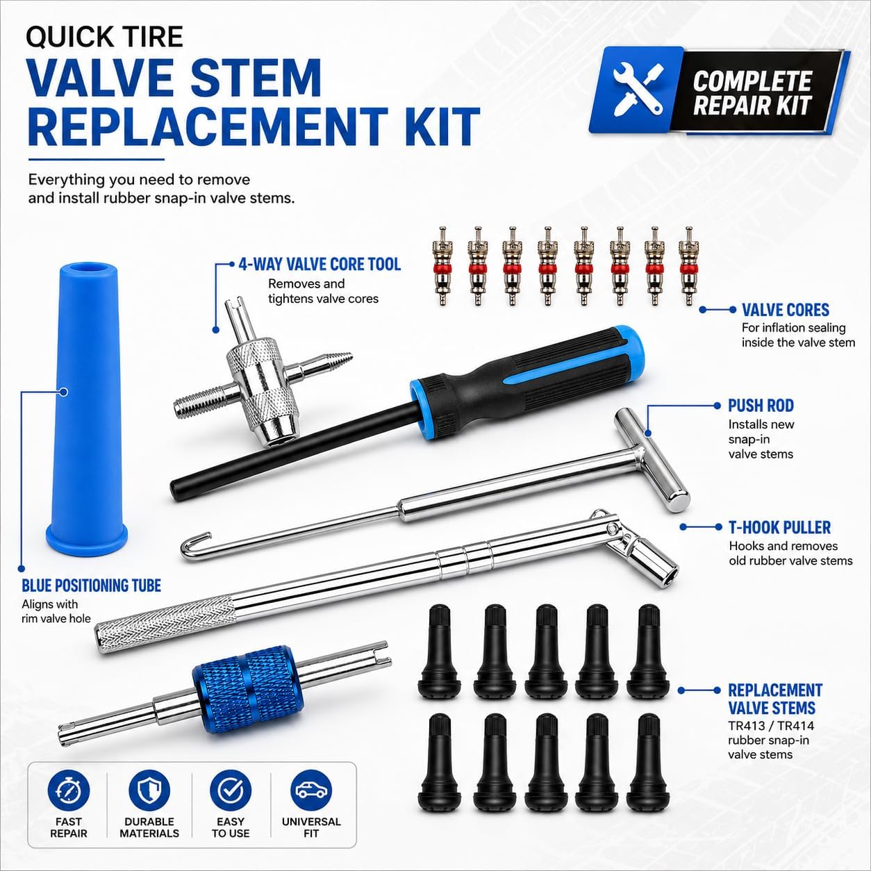 Valve Stem and Core Removal Replacement Tool Kit,Valve Stem Installation Tool Without Removing Tire,Snap Fix Mate Valve Stem with 5 TR413/TR414 for Cars Motorcycles Lawn Mowers ATVs