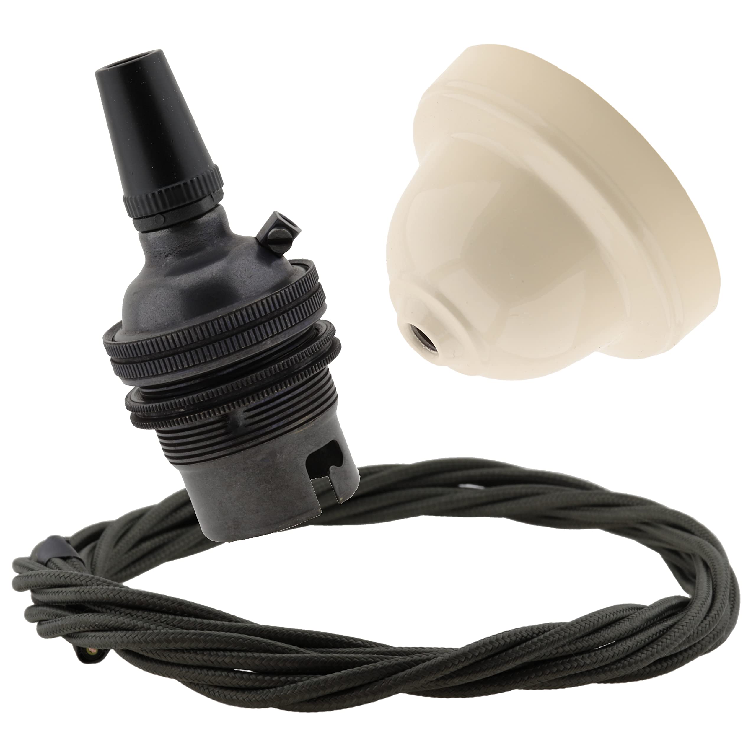 Repaireum Ltd. Ivory Bakelite Ceiling Pendant Kit with B22 Dark Bronze Finish Lampholder and Khaki Green Flex