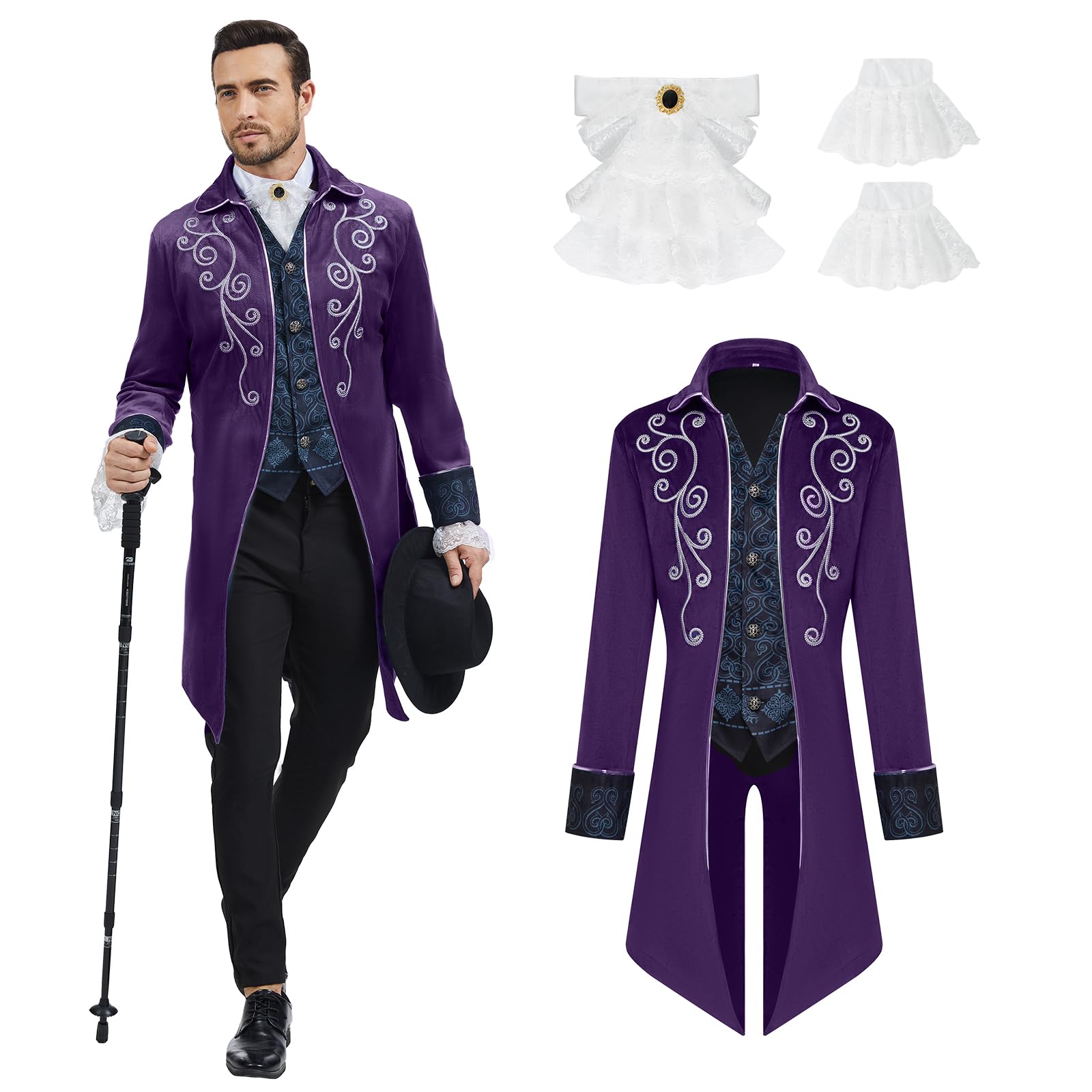 rumnigh Men Medieval Steampunk Tailcoat Jacket Gothic Victorian Frock Coat Uniform Halloween Party Cosplay Gentleman Costumes, Purple, XXL