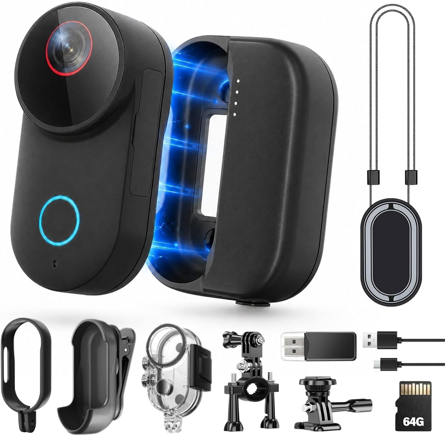 4K Mini Body Camera, Wearable POV Action Cam with 6-Axis EIS | 4K/30FPS with 6-Axis EIS, 154° Wide Angle, 64GB Card, Charging Case, Clip, Helmet & Bike Mount, 30m Waterproof Case for Vlog