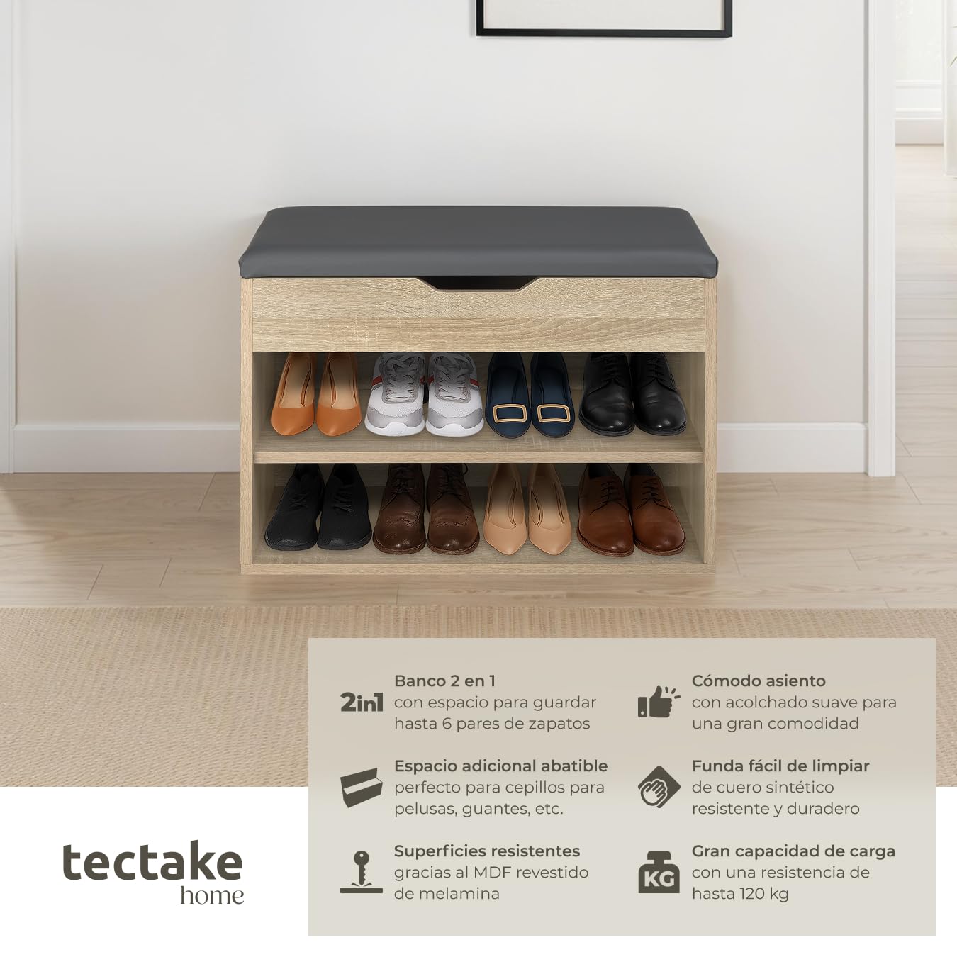 tectake® Zapatero Madera con Cojín Extraíble, Estanteria Zapatero Ajustable, Mueble Entrada Recibidor, Organizador Zapatos, Banco para Guardar Zapatos - Madera Clara, Roble Sonoma