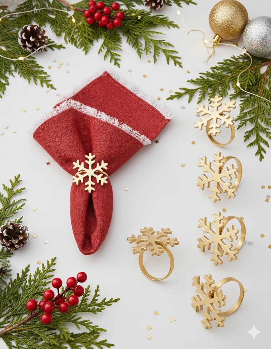Folkulture Christmas Napkin Rings | Set of 6 Golden Colour Napkin Rings for Christmas Table Decorations | Napkin Holder for Xmas Decorations | Holiday and Festive Gifts Set | Snowflake