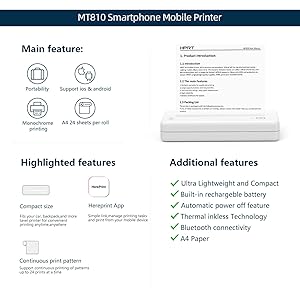 HPRT Wireless Portable Printer - Bluetooth Thermal Printer for Travel, Mobile Office, School, Home Compatible with iOS Android