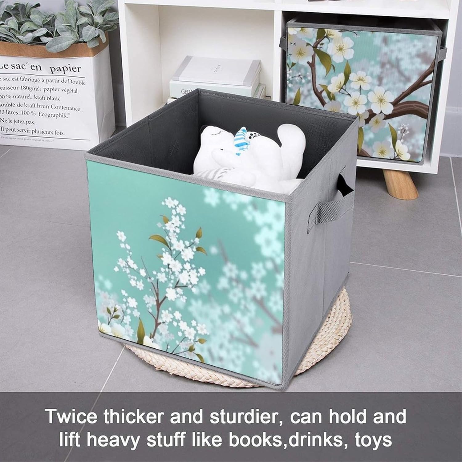 Cherry Blossom Floral 10.6 Inch Cube Storage Bin Foldable Fabric Storages Cubes Organizer with Handles for Shelves Closet Bedroom Clothes 6PCS