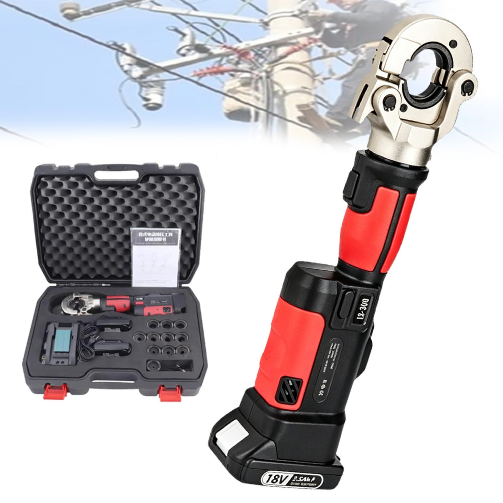Pvxa Electric Hydraulic Cable Lug Crimping Tool Kit, Rechargeable Hydraulic Crimping, with 12 Pairs of Dies, for Electrical Terminals & Wires 16-300Mm² Red