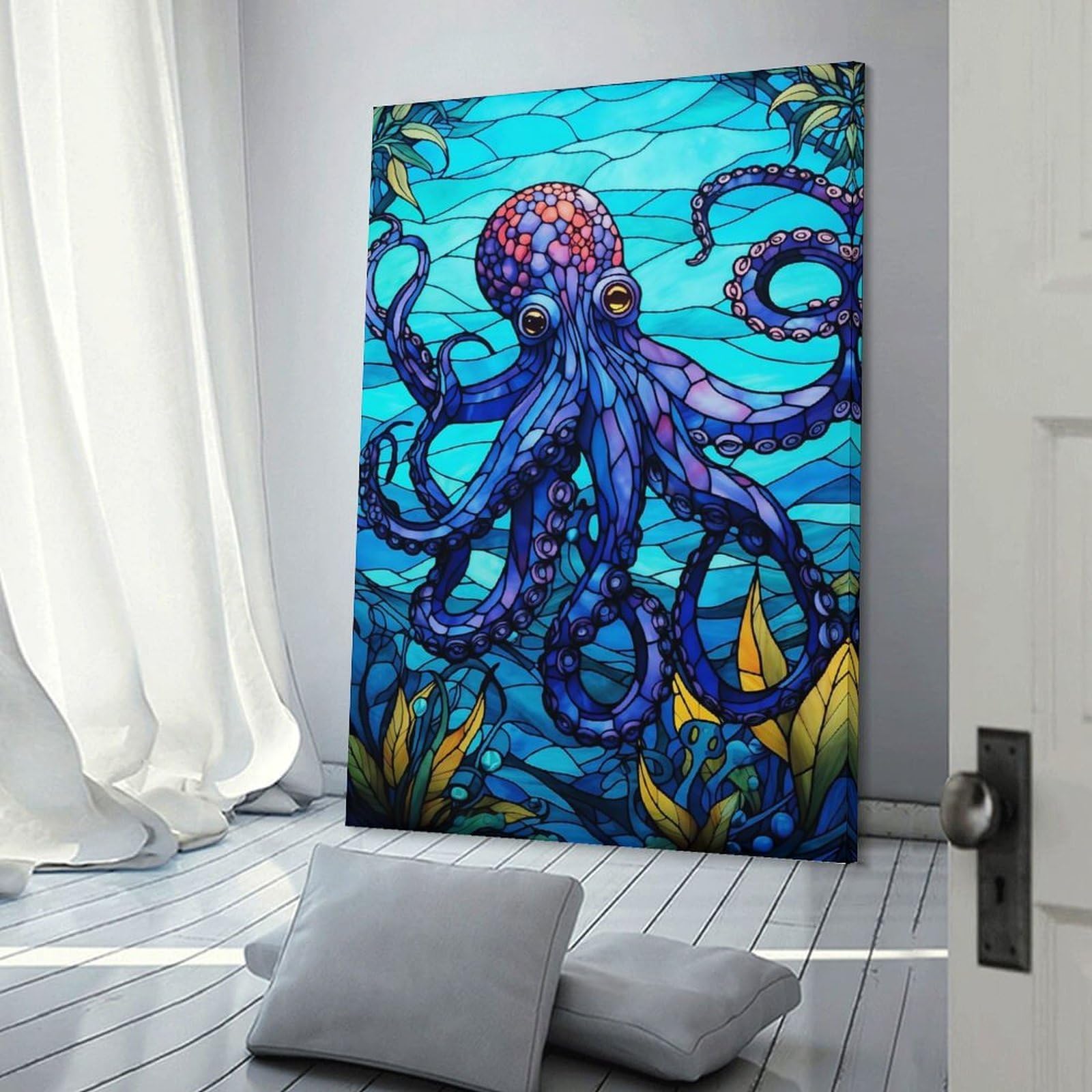 Junmoney Frame-Style-4 Octopus Sea Stained Glass Hanging Wall Art, 20X30inch(50X75cm), For Entrance Walls, Hall Decor Or Foyers, Wall Decor To Refresh Empty Corners