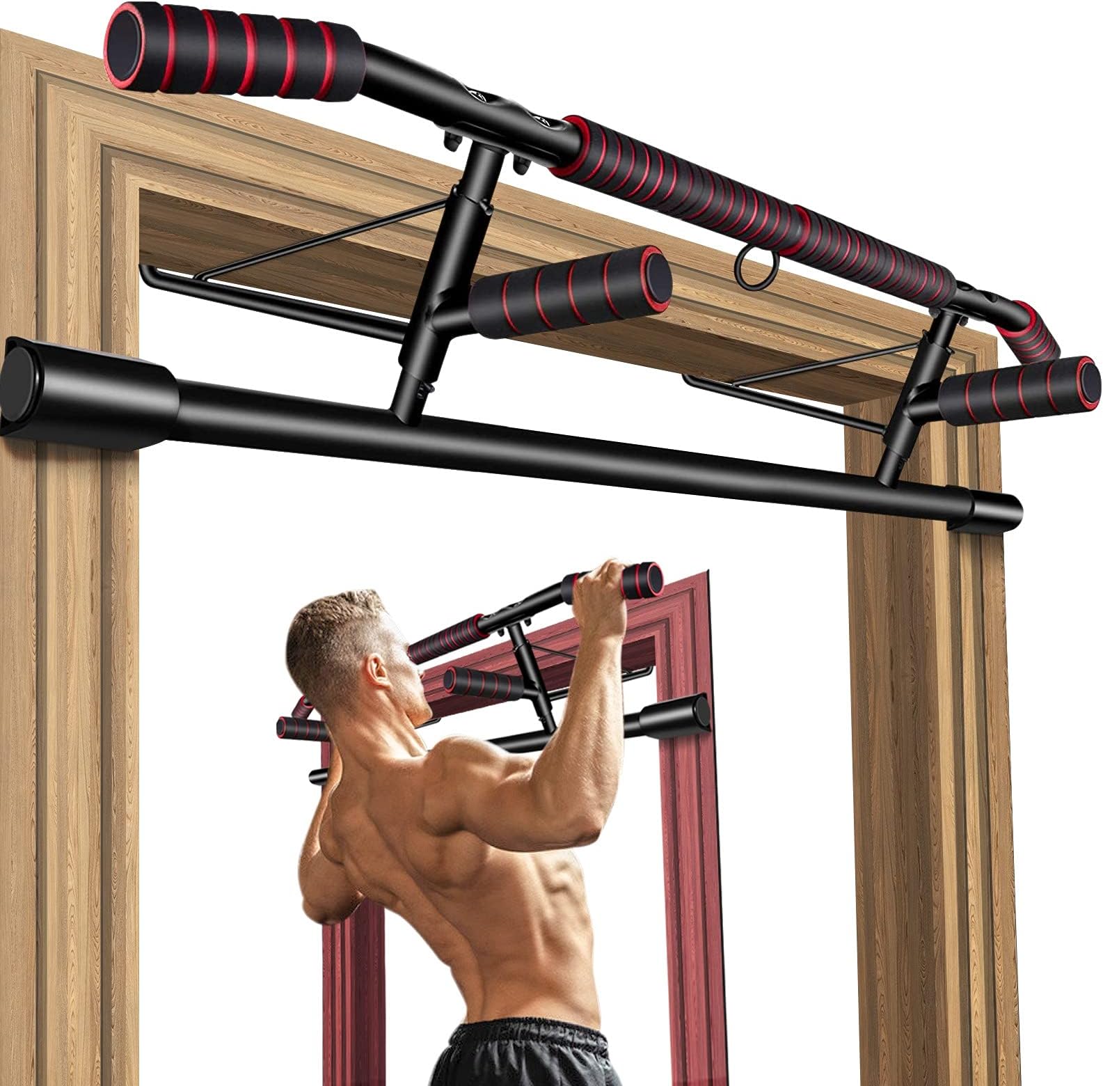 Gruper Foldable Pull Up Bar for Doorway, No Screw Chin Up Bar for Home Workout, Training Equipment for Men, Ergonomic Design Hand Bar with Anti-Slip NBR Foam Covered, Fits Most of Doors