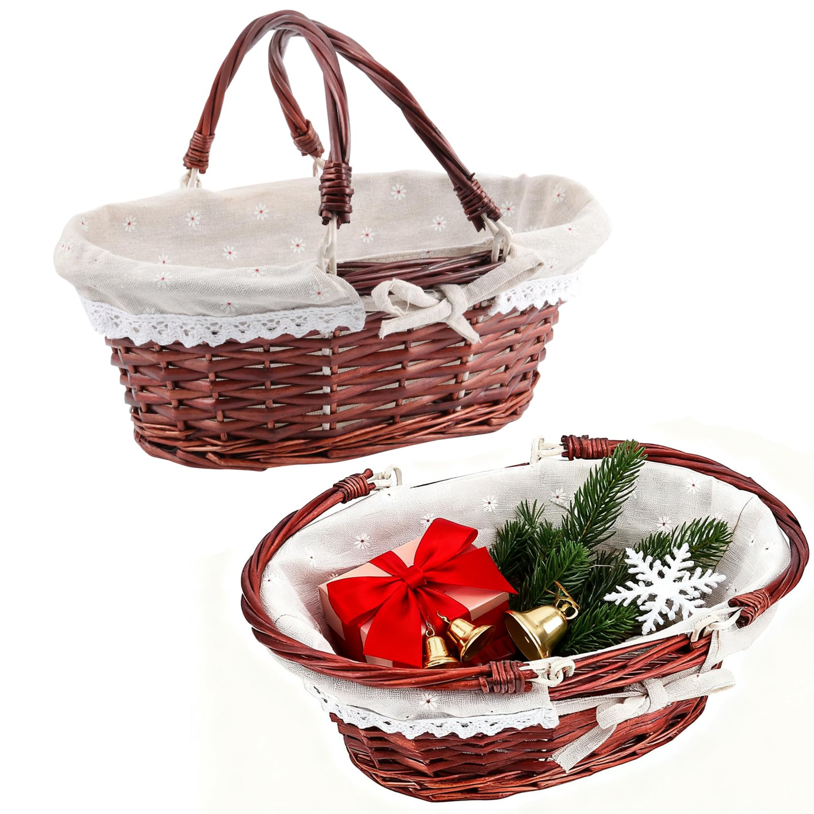 ZOENHOU 2 PCS Wicker Picnic Basket, Hand Woven Willow Picnic Hamper with Folding Handle, Easter Basket Empty Gift Basket for Fruit, Candy, Wine, Egg Gathering, Wedding, Brown