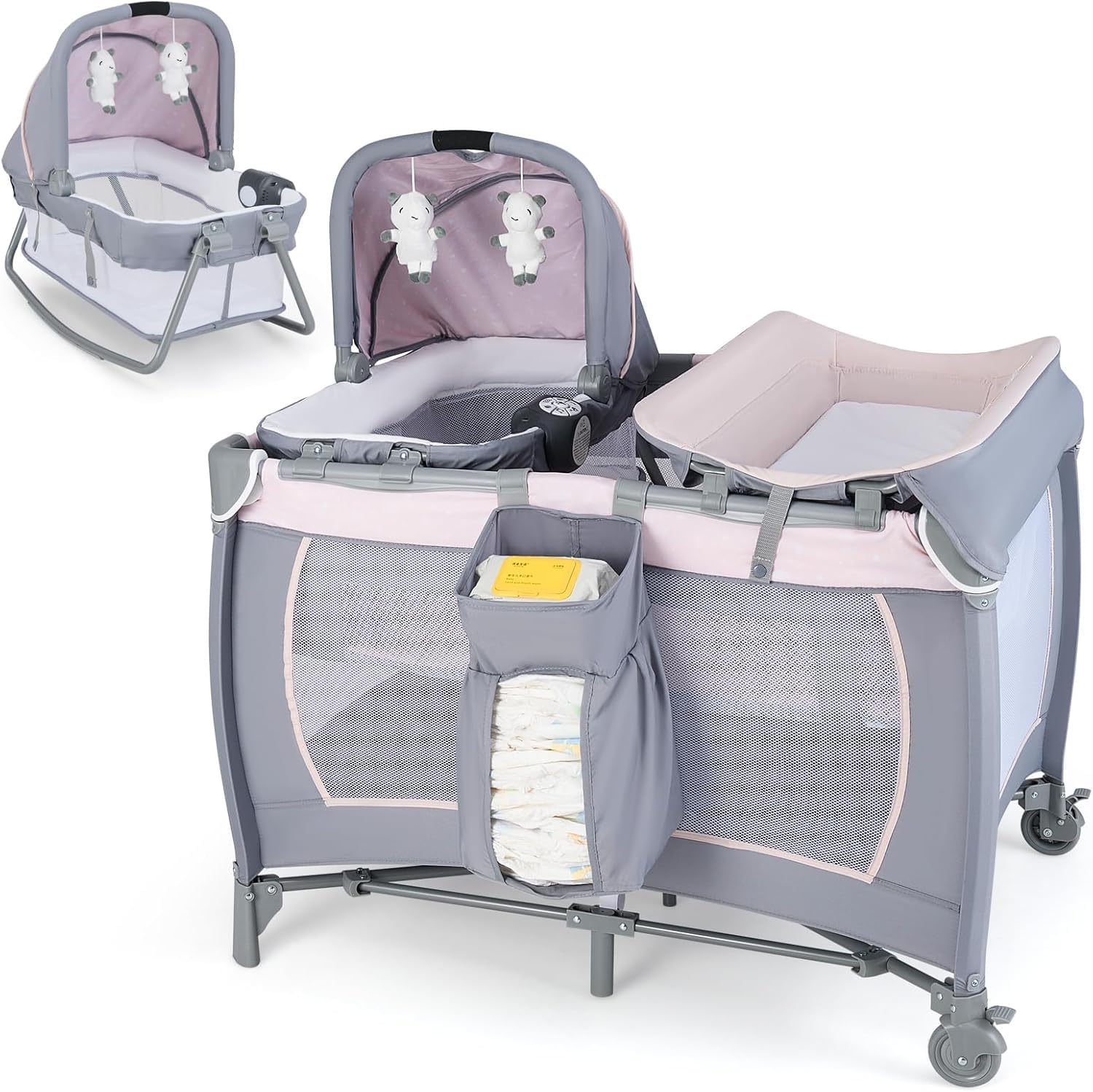 GOPLUS Parque 5 en 1, Mini Cuna de Cama con Cambiador de Pañales, Ruedas con Freno y Bolsa de Viaje, Caja de Música con Efecto de Vibración, 2 Juguetes Colgantes, Cuna Bebés (Gris + Rosa Claro)