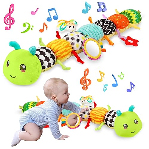 Miniatura 8 de Juguetes Sensoriales para Bebés de 0-6 6-12 Meses, Oruga de Peluche Musical con Sonido Arrugado y Sonajero, Juguetes para Tiempo Boca Abajo para