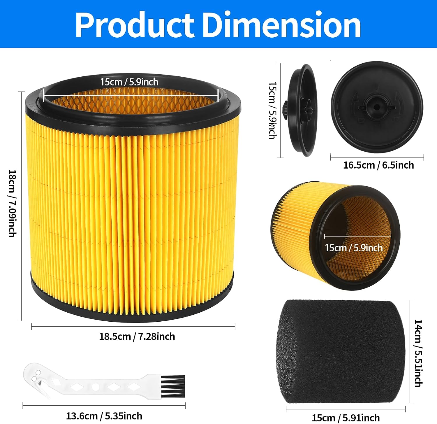 2 Pack VCFS Filters Replacement for Vacmaster Filter and Hart Shop Vacuum VCFS VWM510 VFB511B 0201 with 2 Foam Sleeve and 1 Brush