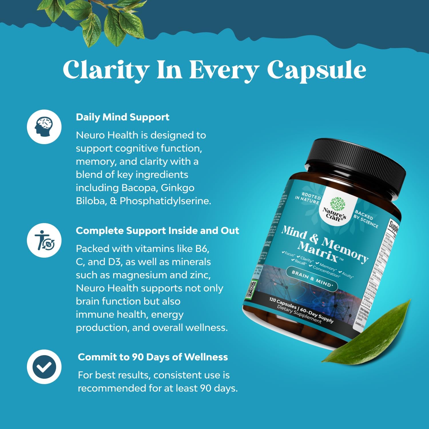 Nootropic Brain Supplement for Memory and Focus Enhancement - Vitamins for Mental Health & Clarity with VIT A, B6, Riboflavin, Niacin, Thiamin & Folate - Cognitive Complex for Mind Vitality - 120ct - Image 3