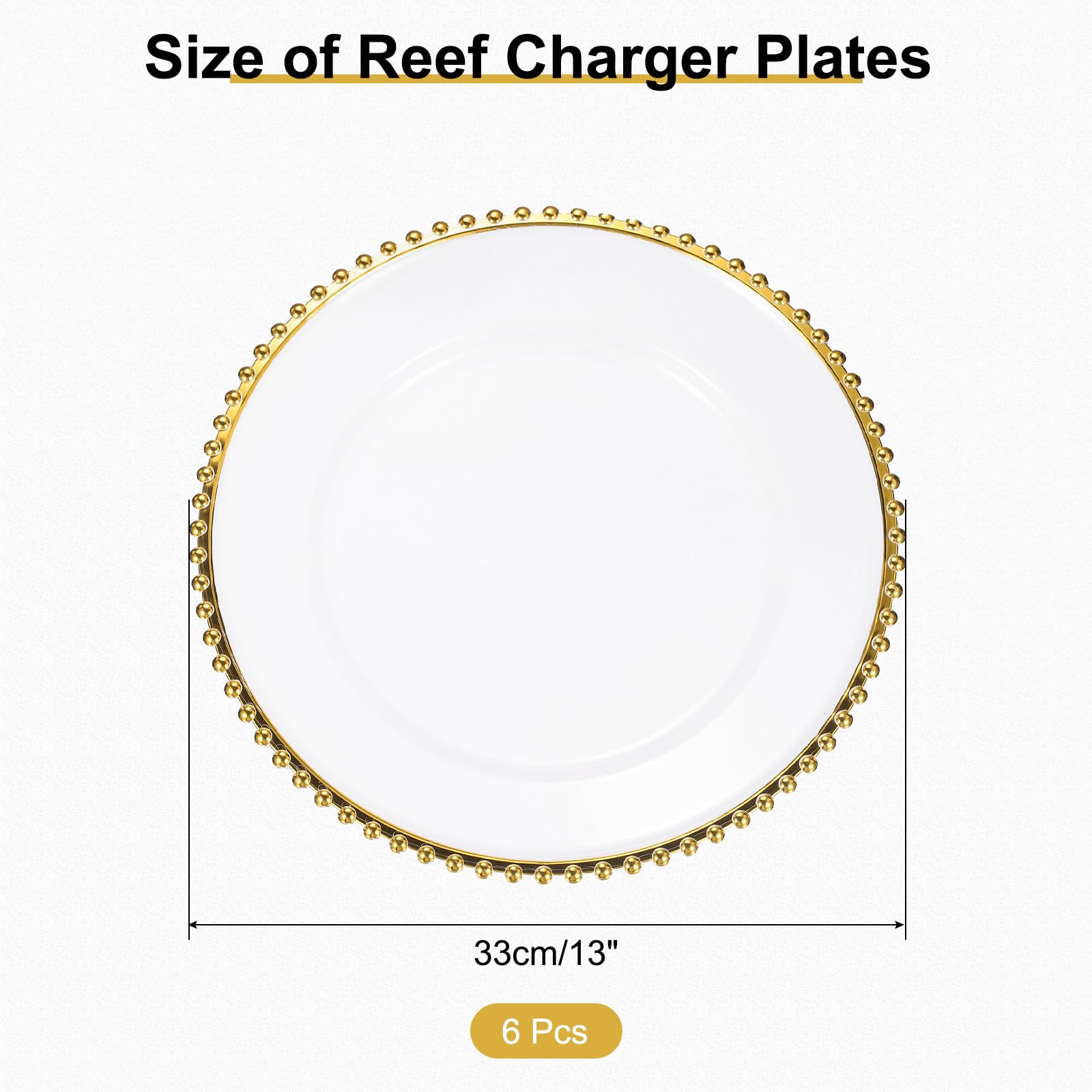 QUARKZMAN 6 klare Platzteller, 33 cm, runde Platzteller aus Kunststoff mit Perlenbesatz, Abendessen-/Dessertteller für Hochzeitsfeiern, Tischdekoration, Gold auf Weiß