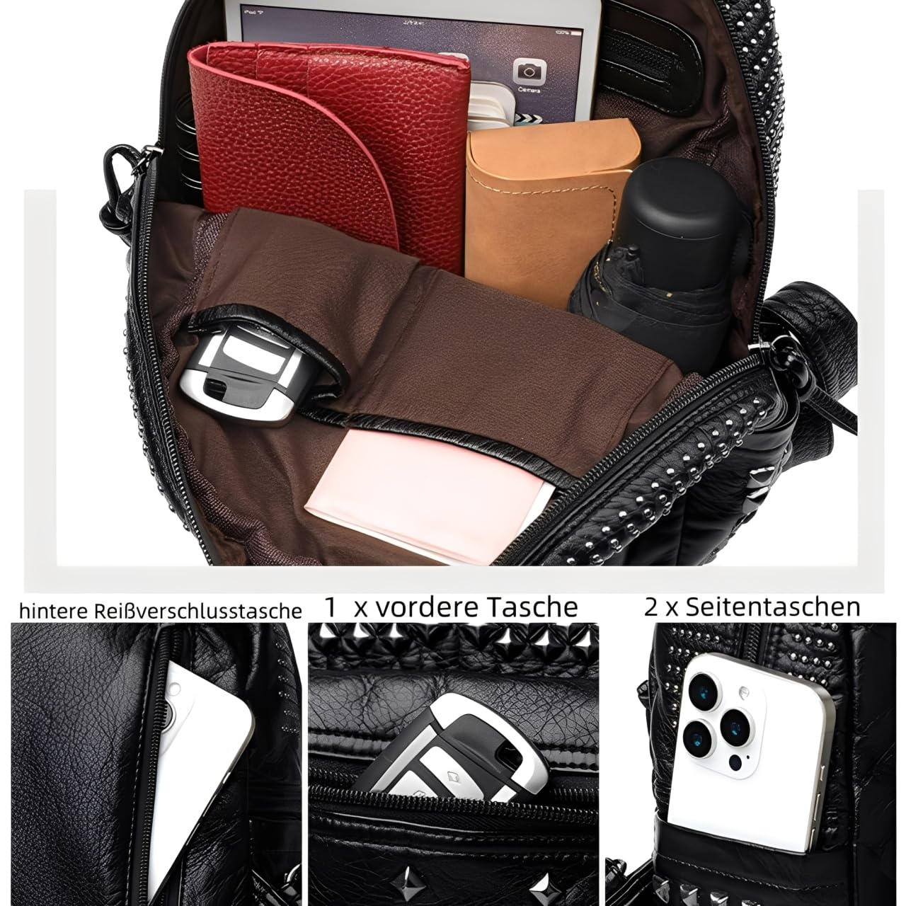 Rivet Design Luxe czarny plecak ze skóry PU torba na ramię wypoczynek torba podróżna torba szkolna plecak dla nastolatek dziewcząt, Czarny, M, Plecaki tornistry