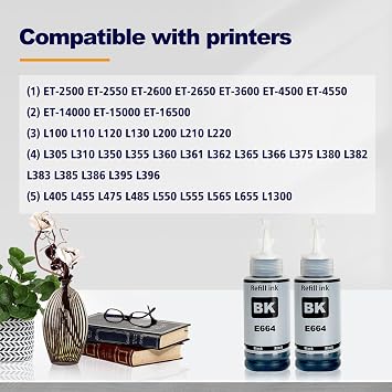 664 Ink Compatible with Epson ET-2500 ET-2550 ET-2600 ET-2650 ET- 3600 ET-4500 ET-4550 ET-14000 ET-15000 ET-16500 L100 L110 L2 00 L2 10 L350 L355 L365 L455 L550 L555 L1300 Printer (BK*2)