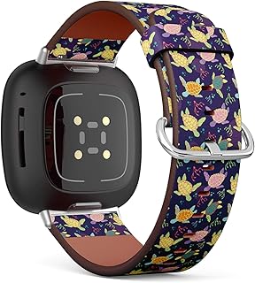 Q-Beans Replacement Leather Watch Band, Compatible with Fitbit Versa 3/4 and Fitbit Sense/Sense 2 - Sea Turtles Algae Pattern