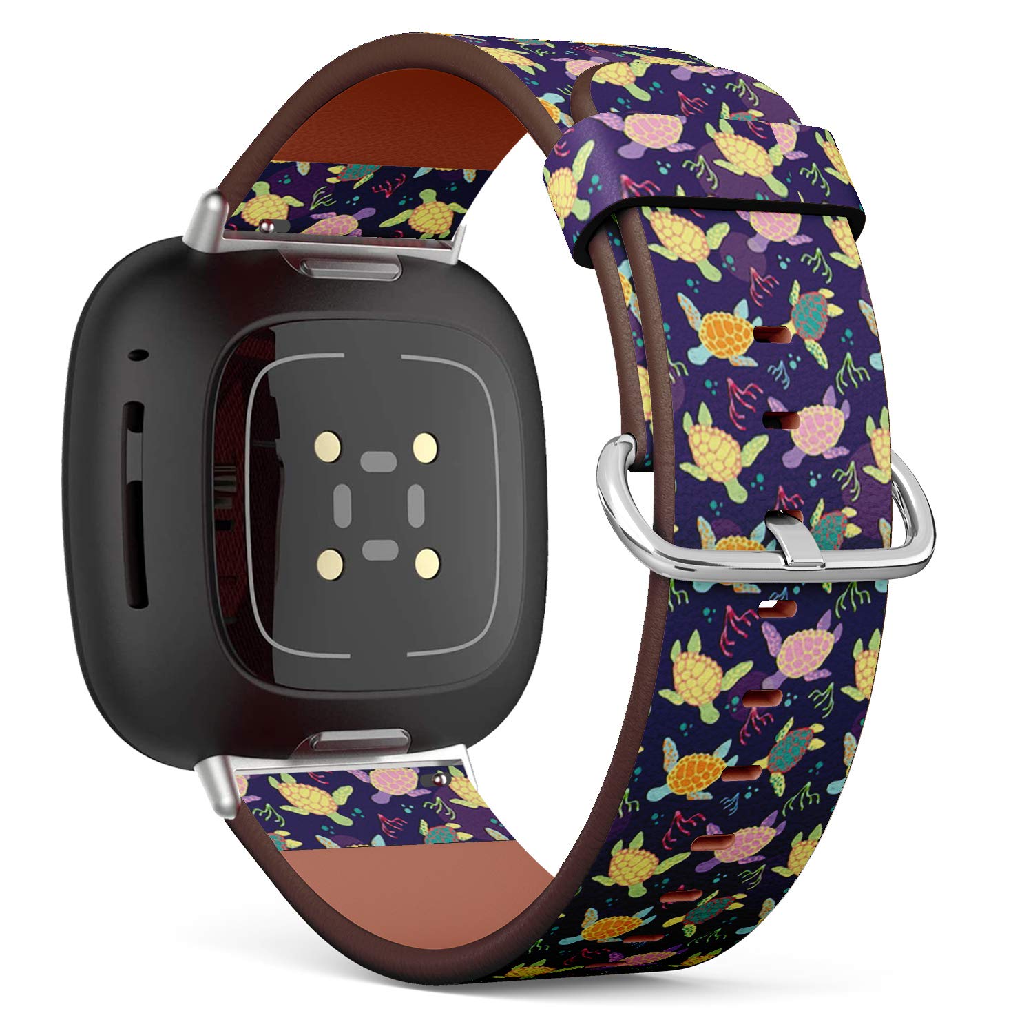 Replacement Leather Watch Band, Compatible with Fitbit Versa 3/4 and Fitbit Sense/Sense 2 - Sea Turtles Algae Pattern
