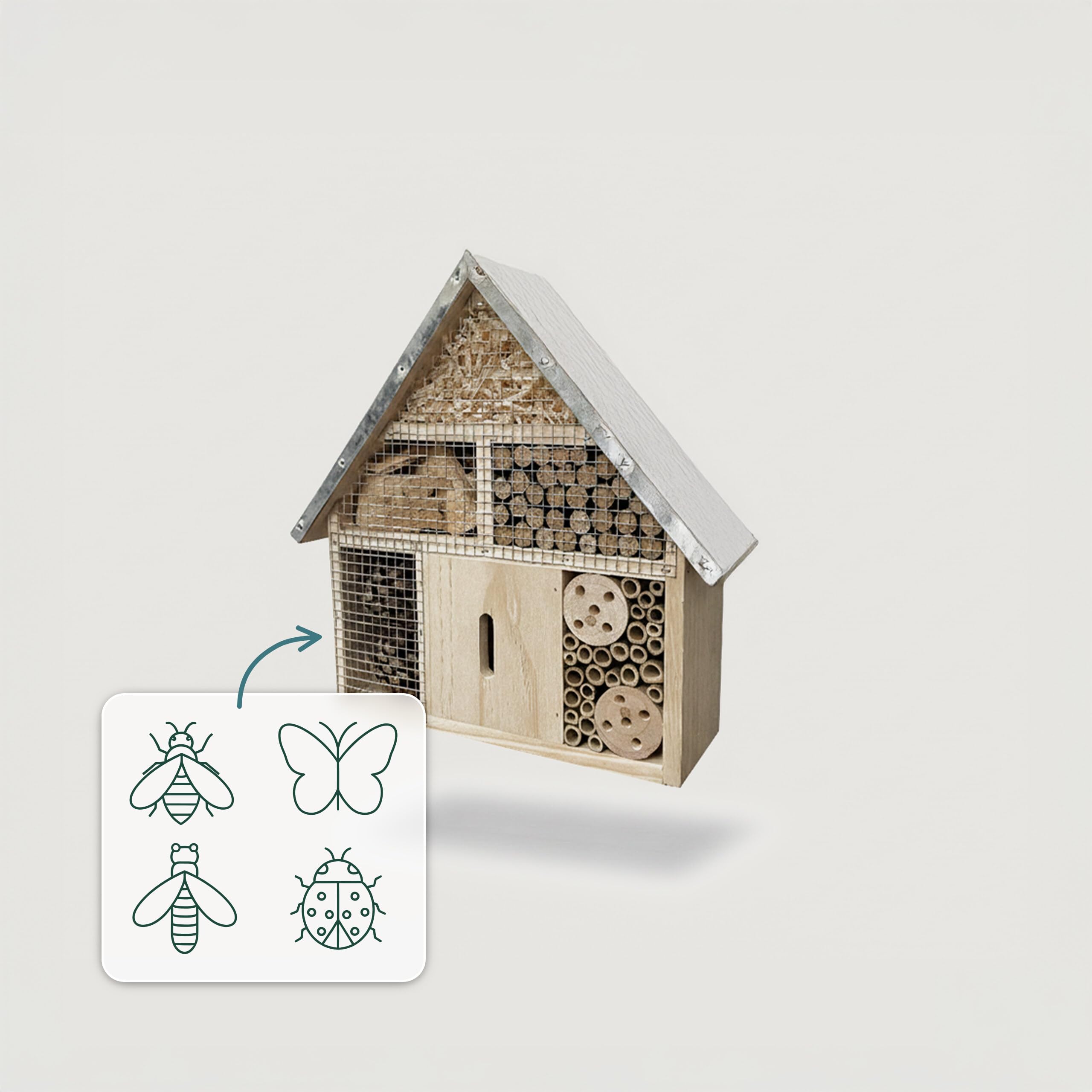 Relaxdays Hotel para Insectos en Madera con Techo Metálico Resistente, 28x30x9 cm, para Colgar, Natural/Plateado