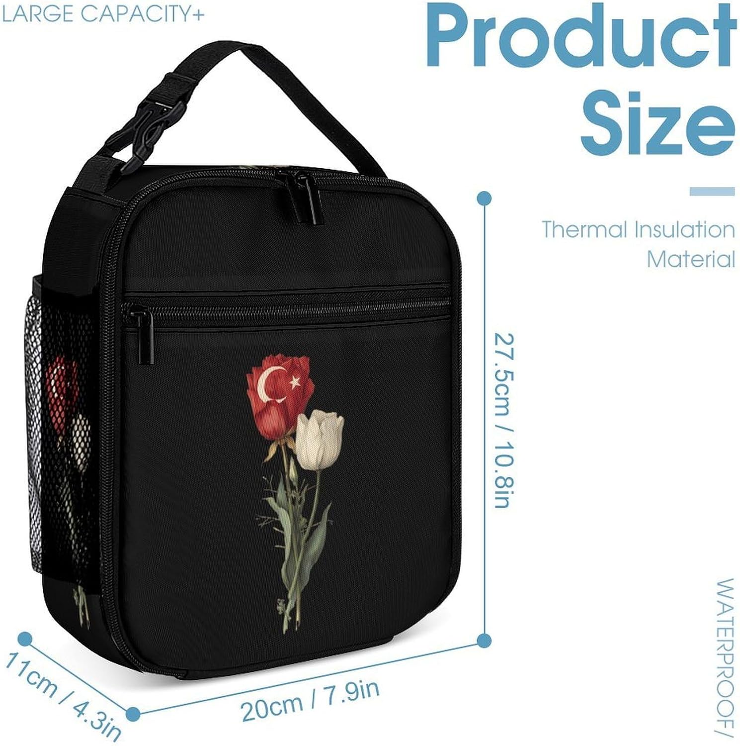 Vintage Turkish Flag Rose Funny Backpack Set Lunch Bag Makeup Bag 3 in 1 image 4