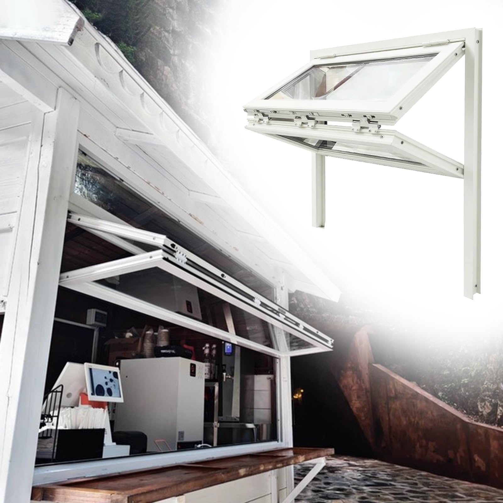 Ventana plegable de comedor y coche para servicio exterior en tiendas de alimentación