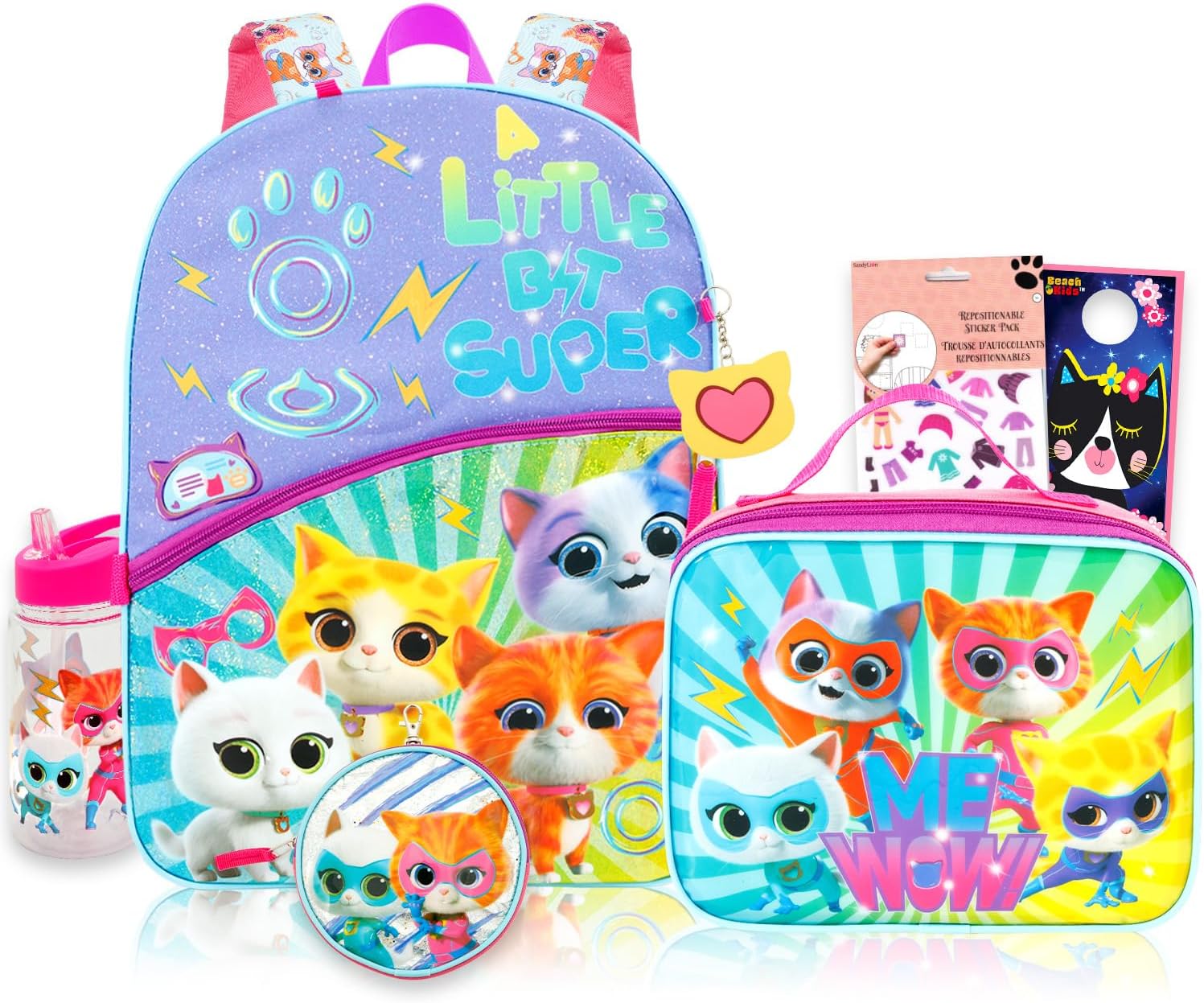 Disney Super Kitties Backpack with Lunch Box Set for Girls - Bundle with 16" School Bag, Lunch Bag, Water Bottle, Stickers, More | Super Kitties School Backpack with Lunchbox for Kids, Girls