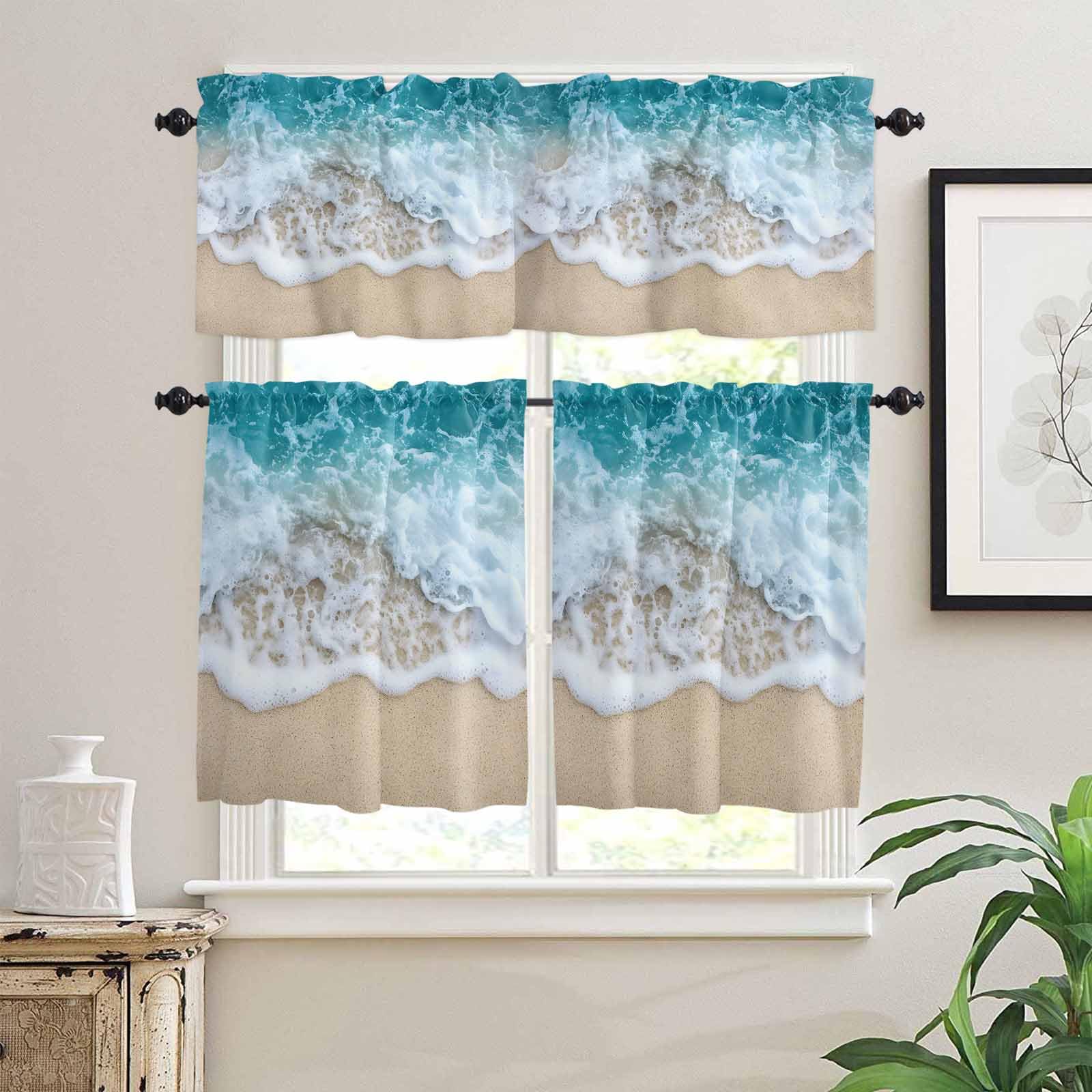 Yellow Beach Kitchen Curtains 36 Inch Length, 3 Piece Rod Pocket Small Half Tiers and Valance Set, Nature Ocean Blue Seawater Small Large Window Treatment Decor for Bedroom/Bathroom Sink