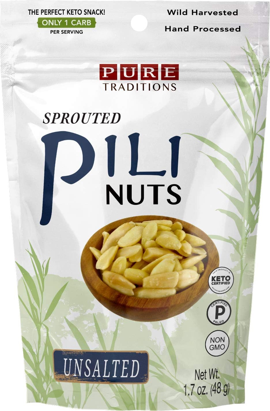Pili Nuts, Sprouted, Unsalted, Certified Paleo & Keto (1.7 oz)