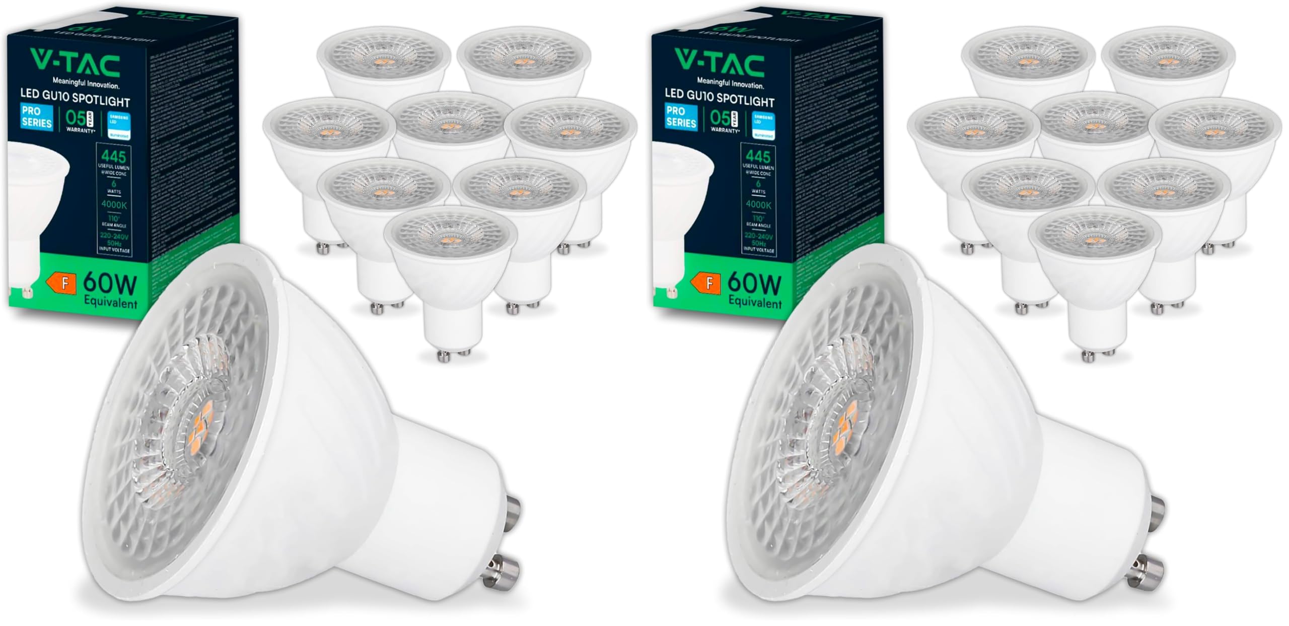 V-TAC 10x Lampadine LED GU10 6W (Equivalenti a 60W) - Chip SAMSUNG - 445 Lumen - Alta Luminosità - Faretto Led GU10 per Massima Efficienza e Risparmio Energetico - Lampadina Luce Naturale 4000K