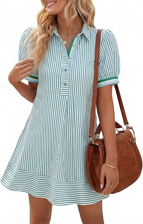 Wenrine Womens Summer Striped Short Sleeve Casual Button Shirt Mini Dresses