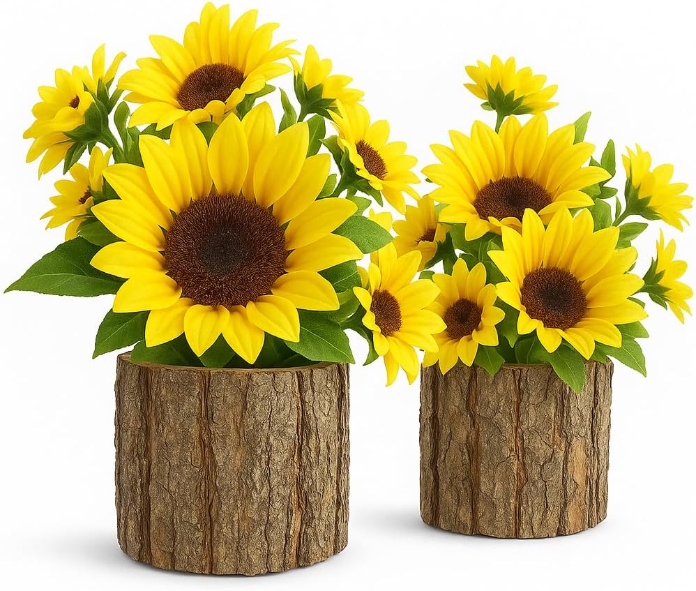 AceList Artificial Sunflowers in Rustic Bark Pots, Set of 2 Small Silk Flower Arrangements for Home, Table, Kitchen, Mother’s Day & Year-Round Decor