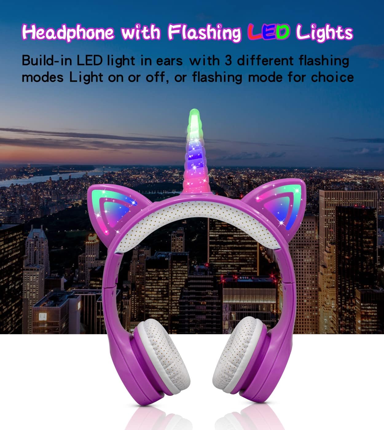 Unicorn Headphones for Girls,Bluetooth Unicorn Headphones Toddler School Laptop Cellphones Plane use, Light Up Wireless Kid Headphone Birthday Gifts (Dark Purple)