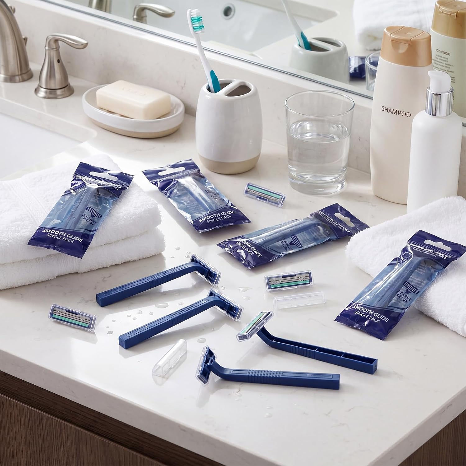 100 Pack Individually Wrapped Razors Twin Blade Disposable Razors Bulk for Men Women Disposable Shavers with Safety Caps Stainless Steel Portable Shavers for Hotel Travel Camping Bathroom