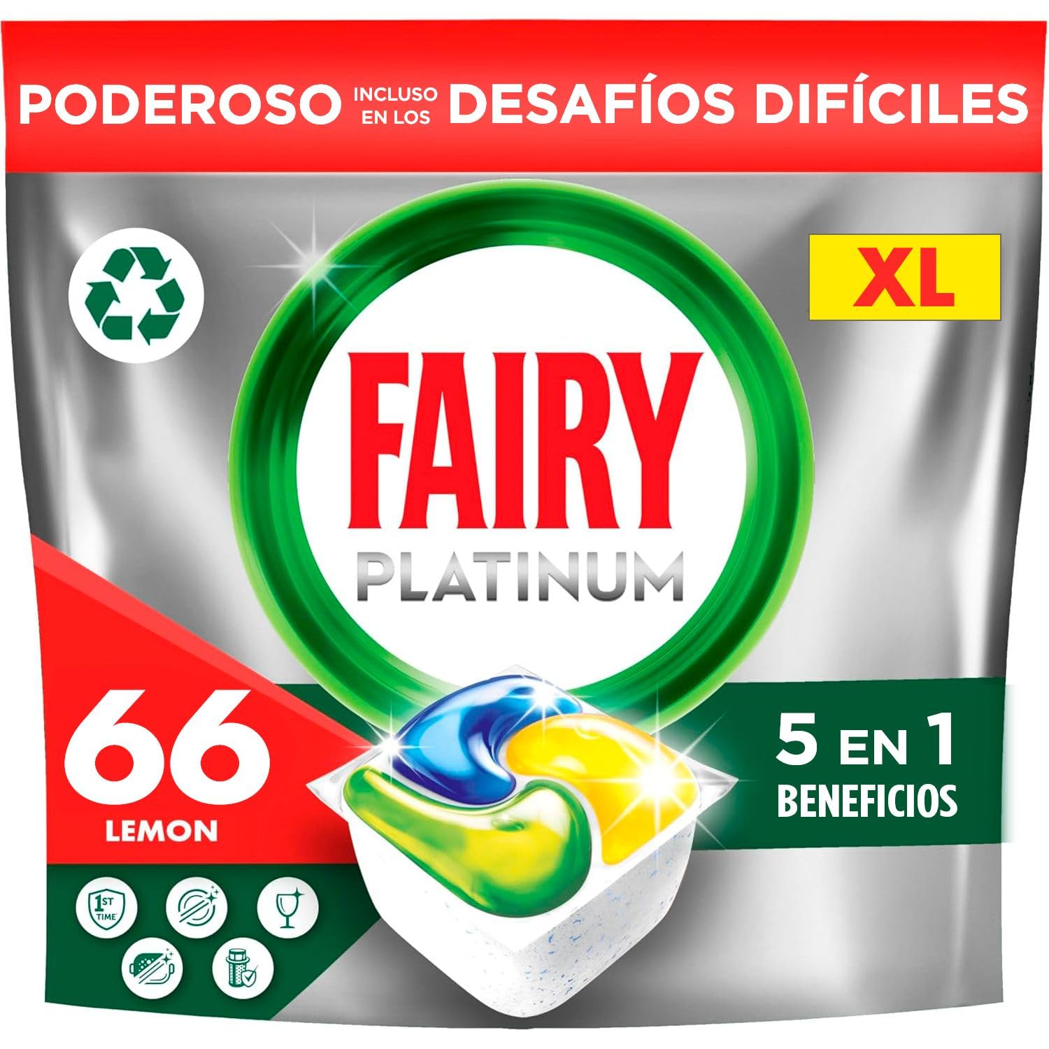 Fairy Platinum Limón, Cápsulas De Lavavajillas Todo En Uno, 66 Cápsulas (El paquete y el idioma del paquete pueden variar)