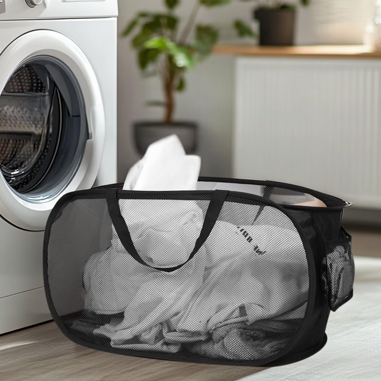 Durable Collapsible Mesh Laundry Baskets with Side Pocket and Reinforced Carry Handles for Laundry, Bathroom, Dorm or Travel