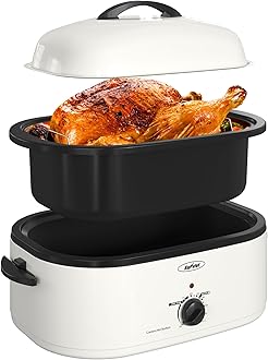 Roaster Oven with Self-Basting Lid, 18qt Electric Roaster with Removable Pan & Rack, Turkey Roaster Oven with Defrost & Warm Function, Stainless Steel, White
