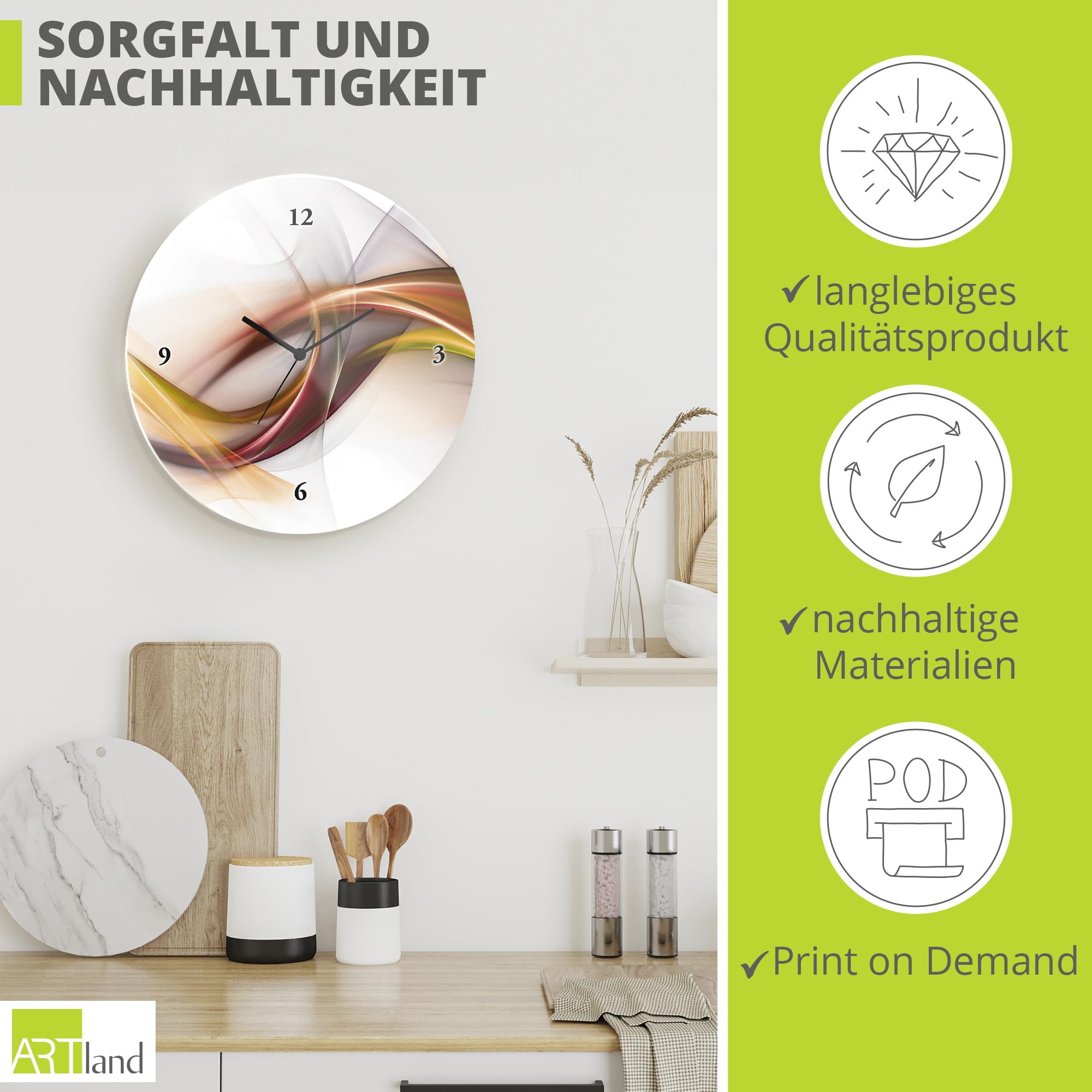 ARTLAND Wanddeko Wanduhr ohne Tickgeräusche Glas Funkuhr Ø 30 cm Rund Lautlos Abstrakt Modern Design Ausgefallen Deko Orange U1UO