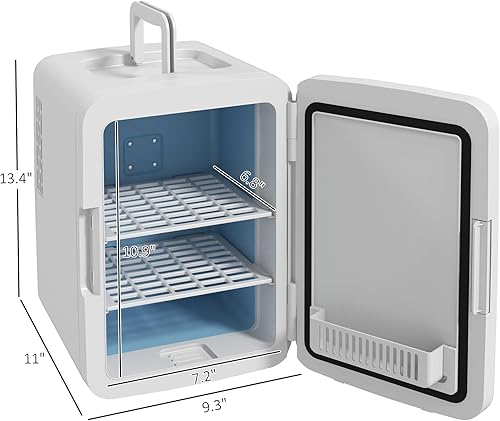 Miniatura 7 de HOMCOM Mini refrigerador para dormitorio o automóvil con espejo LED regulable (10L8 latas), enfriador y calentador, refrigerador portátil para el