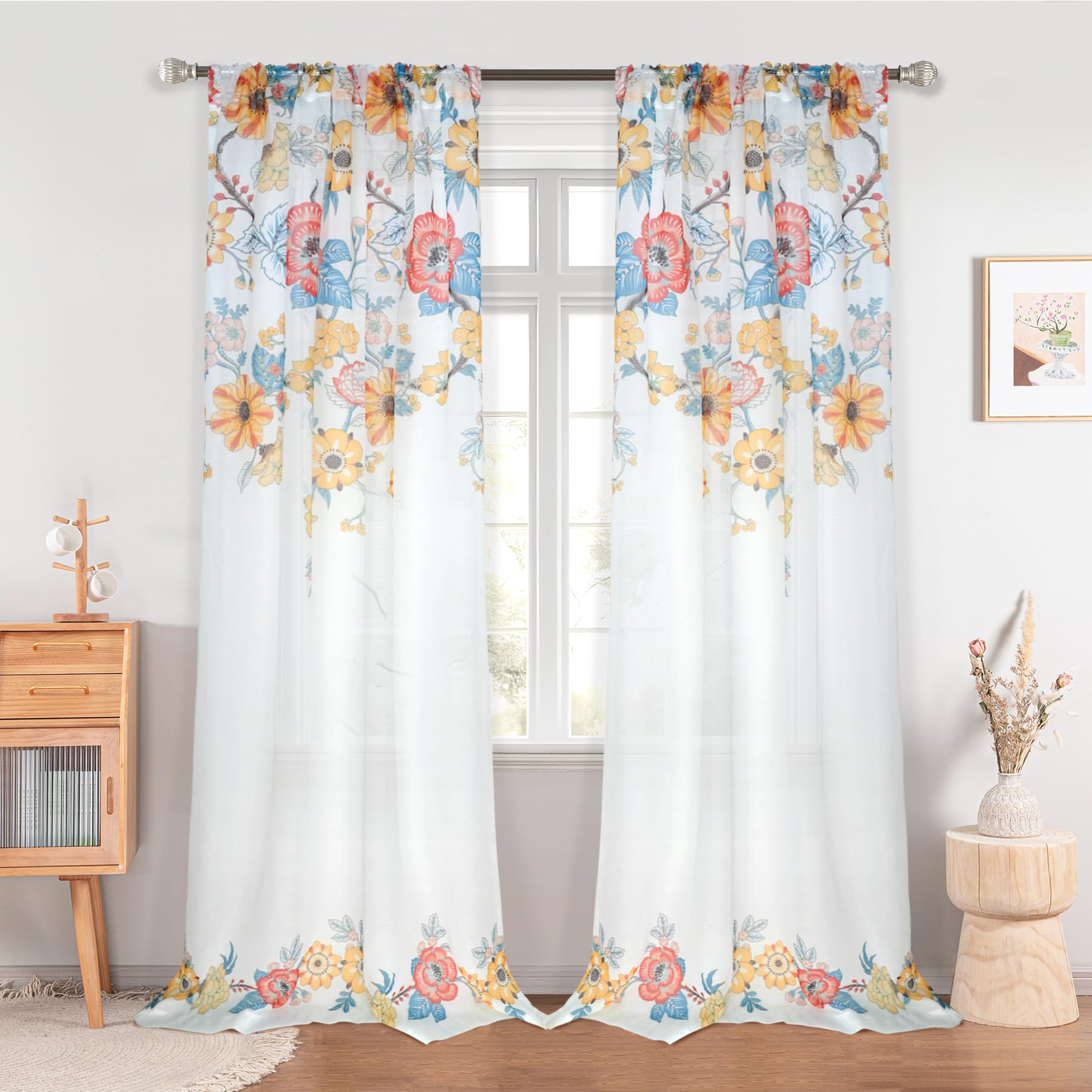 DriftAway Floral Sheer Curtains for Living Room Classic Yellow Flower Spring Printed Light Filtering Curtain Drapes for Bedroom 84 Inches Long 2 Panels Set Rod Pocket Vintage Voile Window Treatment