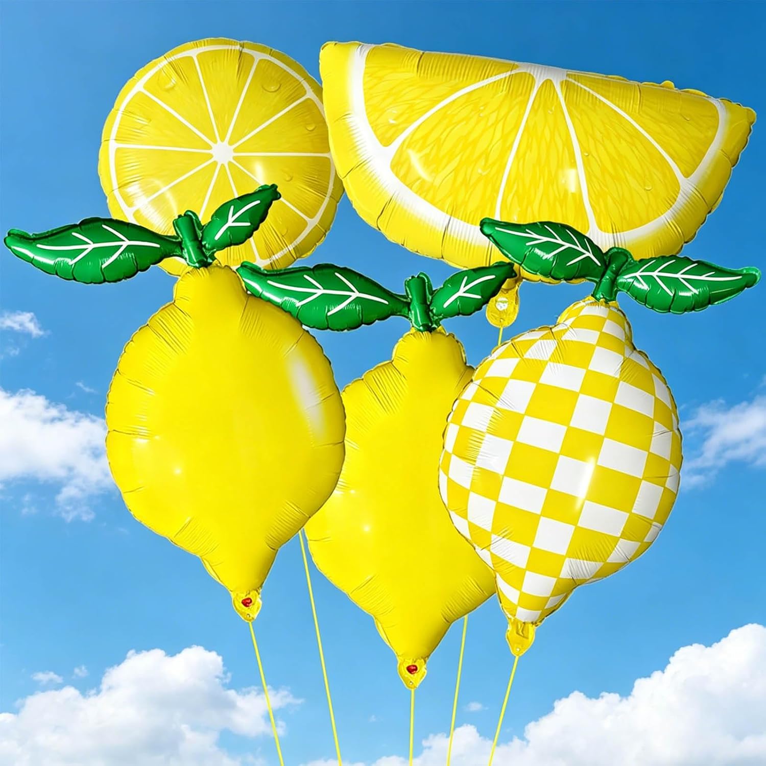 Lemon Foil Balloons 5 Pack, 25" Assorted Fruit Shaped Mylar Balloons (Solid, Plaid, Lemon Slice & Wedge), She Found Her Main Squeeze Bridal Shower Freshly Graduated Summer Party Supplies image 3