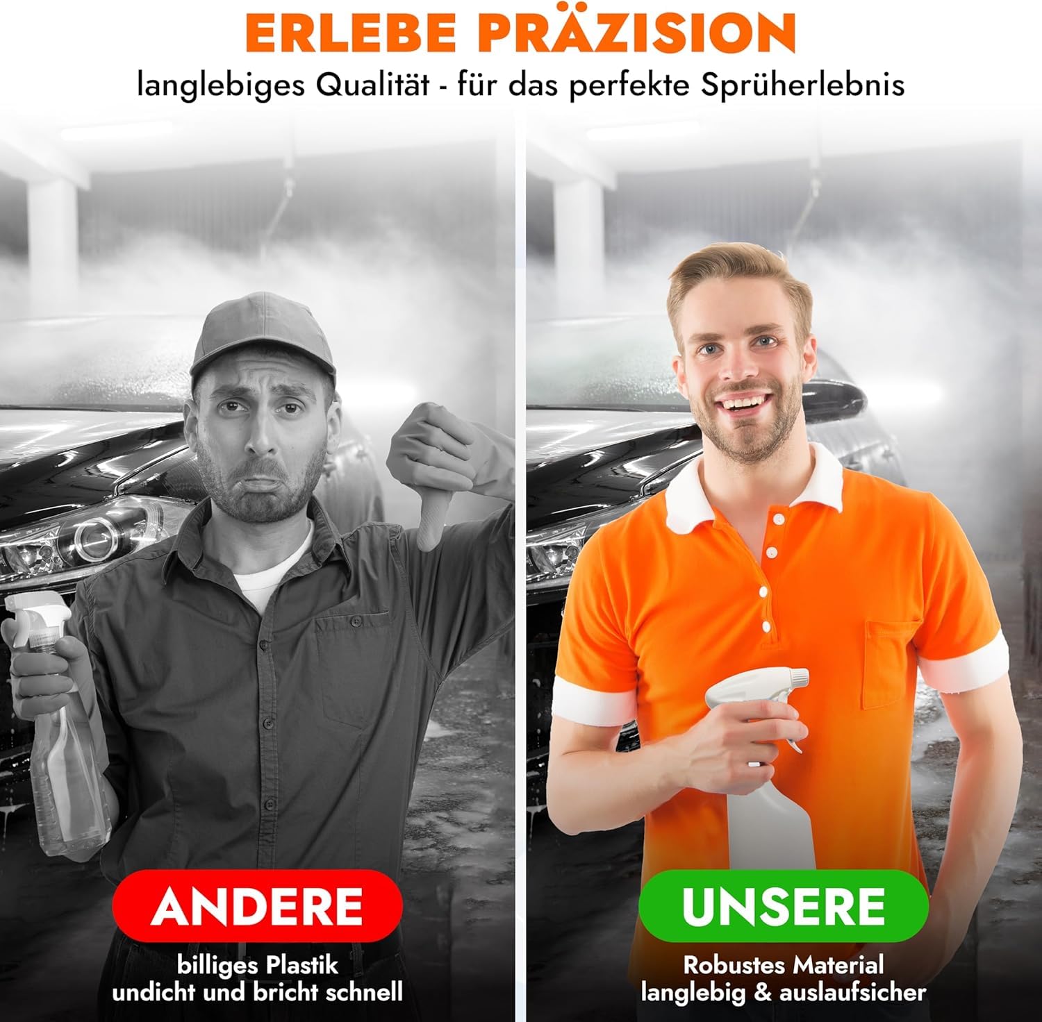2er Set Sprühflaschen 600 ml Chemikalienbeständig – Weiß & Schwarz – mit Füllstandanzeige & Verstellbare Düse – Sprühkopf verschließbar - Für Wasser, Reiniger, Desinfektion uvm.