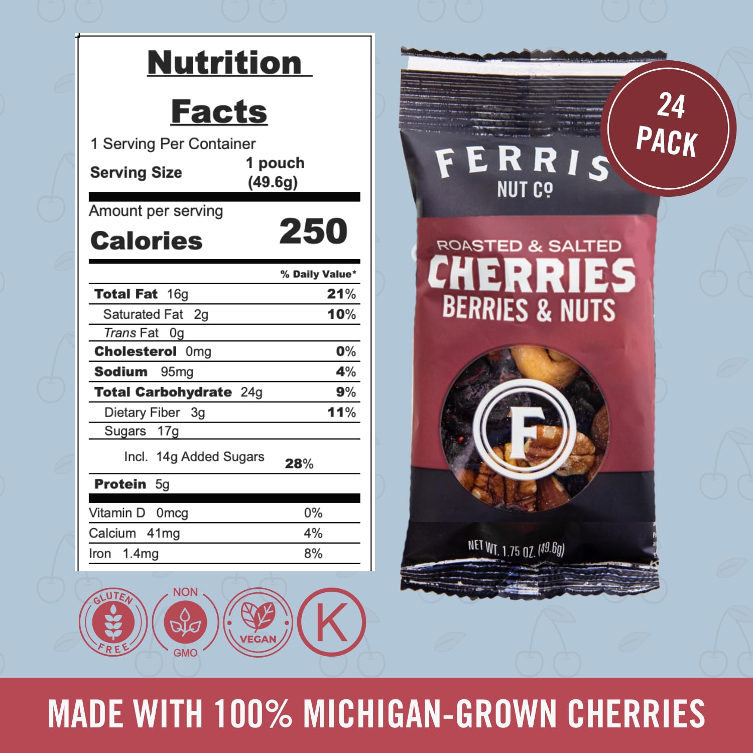 Ferris Coffee & Nut Co. Roasted and Salted Cherries, Berries and Nuts – Individually Wrapped Gourmet Trail Mix with Dried Fruits - Healthy Snacks for Kids and Adults – 1.75 Oz. Bags (Pack of 24)
